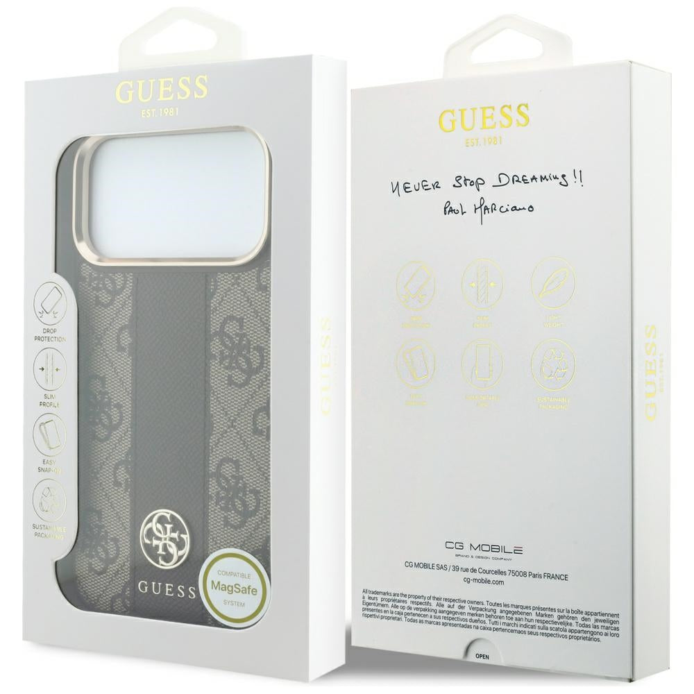 Coque MagSafe pour Apple iPhone 18 Pro / 17 Pro, Guess, Logo Classique Rond 4G Stripe, Marron
