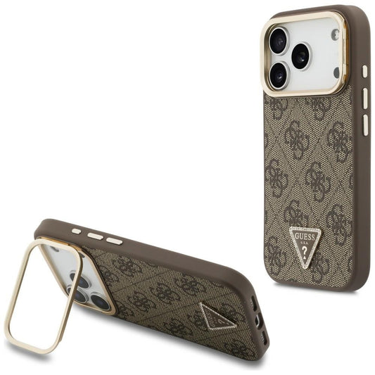 Coque MagSafe pour Apple iPhone 18 Pro / 17 Pro, Guess, logo triangulaire 4G et support pour appareil photo, marron