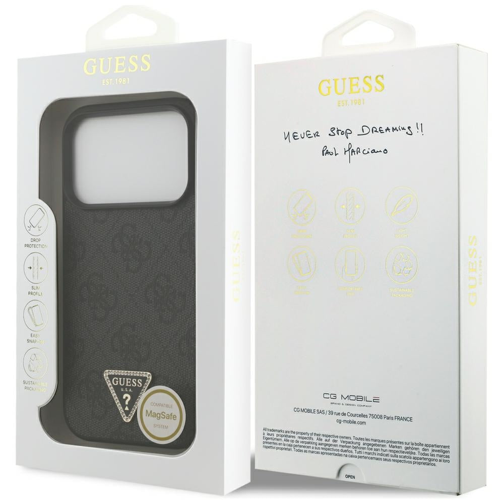 Coque MagSafe pour Apple iPhone 18 Pro / 17 Pro, Guess, 4G Triangle Strass, Noire
