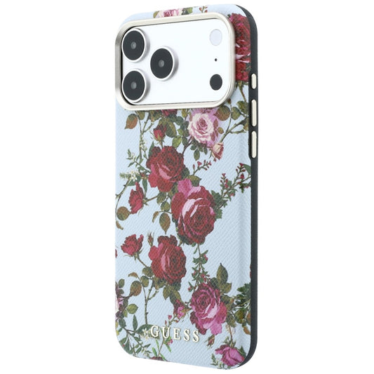 Coque MagSafe pour Apple iPhone 18 Pro / 17 Pro, Guess, Blossom Roses Print, bleu