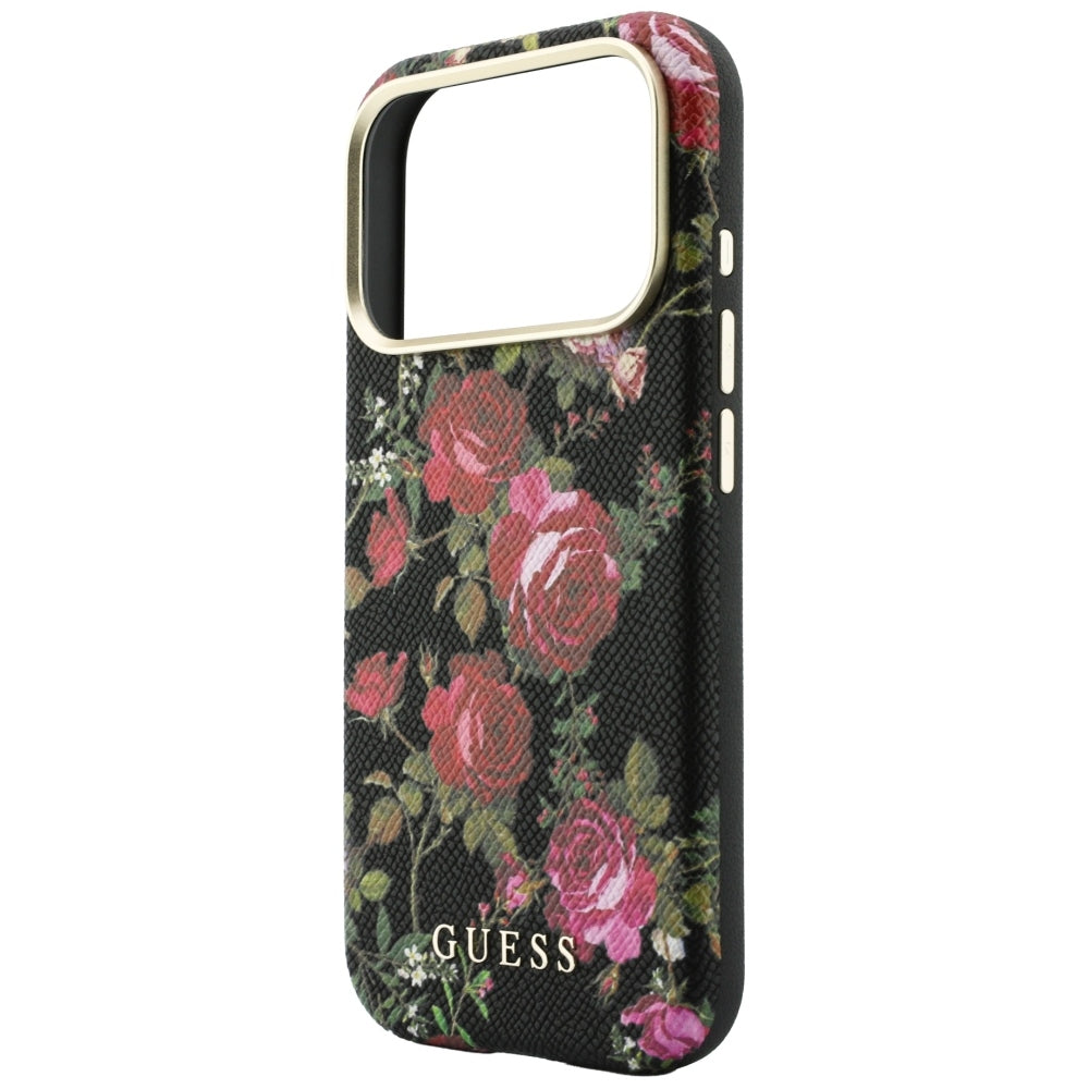 Coque MagSafe pour Apple iPhone 18 Pro / 17 Pro, Guess, Blossom Roses Print, noire