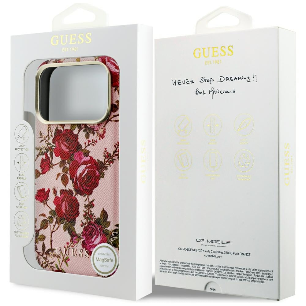 Coque MagSafe pour Apple iPhone 18 Pro / 17 Pro, Guess, Blossom Roses Print, rose