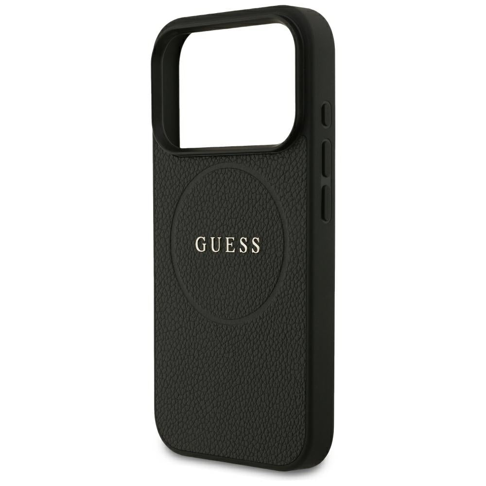 Coque MagSafe pour Apple iPhone 18 Pro / 17 Pro, Guess, Anneau Doré Grainé, Noire