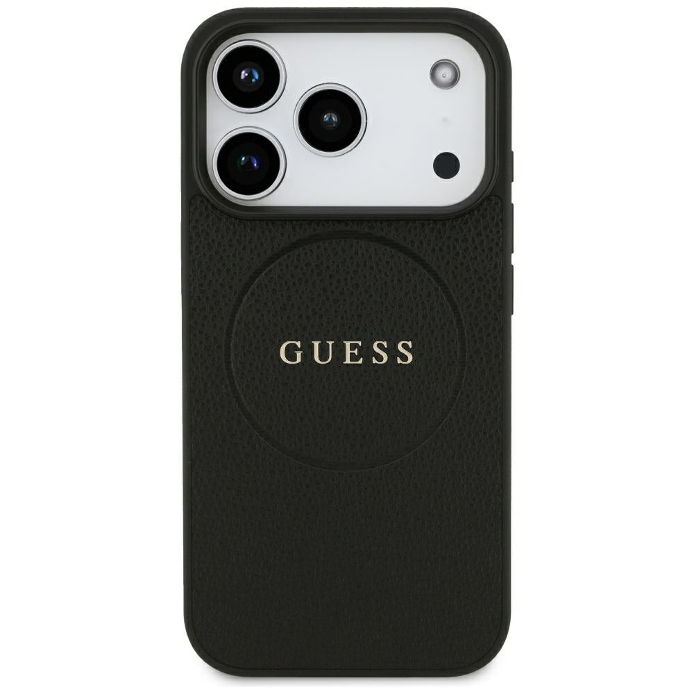 Coque MagSafe pour Apple iPhone 18 Pro / 17 Pro, Guess, Anneau Doré Grainé, Noire