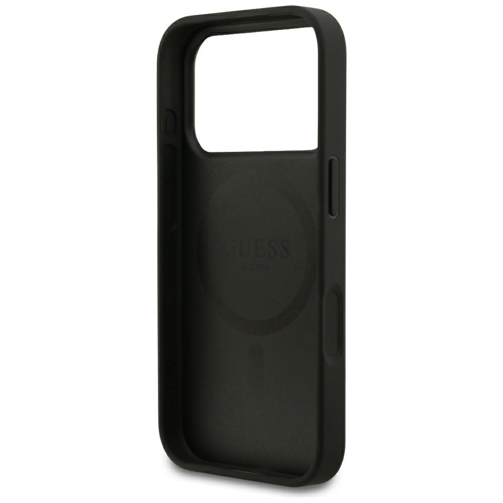 Coque MagSafe pour Apple iPhone 18 Pro / 17 Pro, Guess, Anneau Doré Grainé, Noire