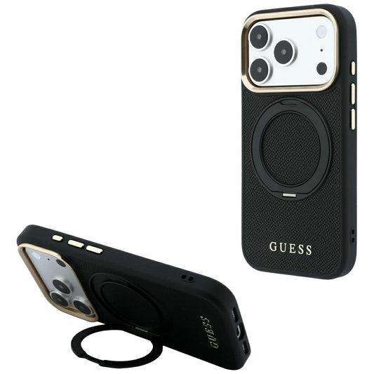Coque MagSafe pour Apple iPhone 18 Pro / 17 Pro, Guess, Grained Ring Stand 360 Classic, noire