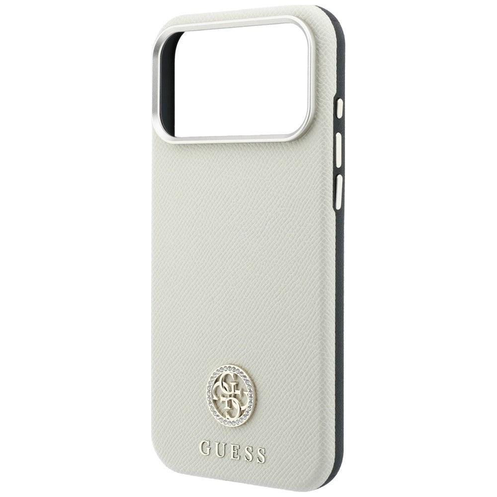 Coque MagSafe pour Apple iPhone 18 Pro / 17 Pro, Guess, Logo Strass Rond Grainé, Beige
