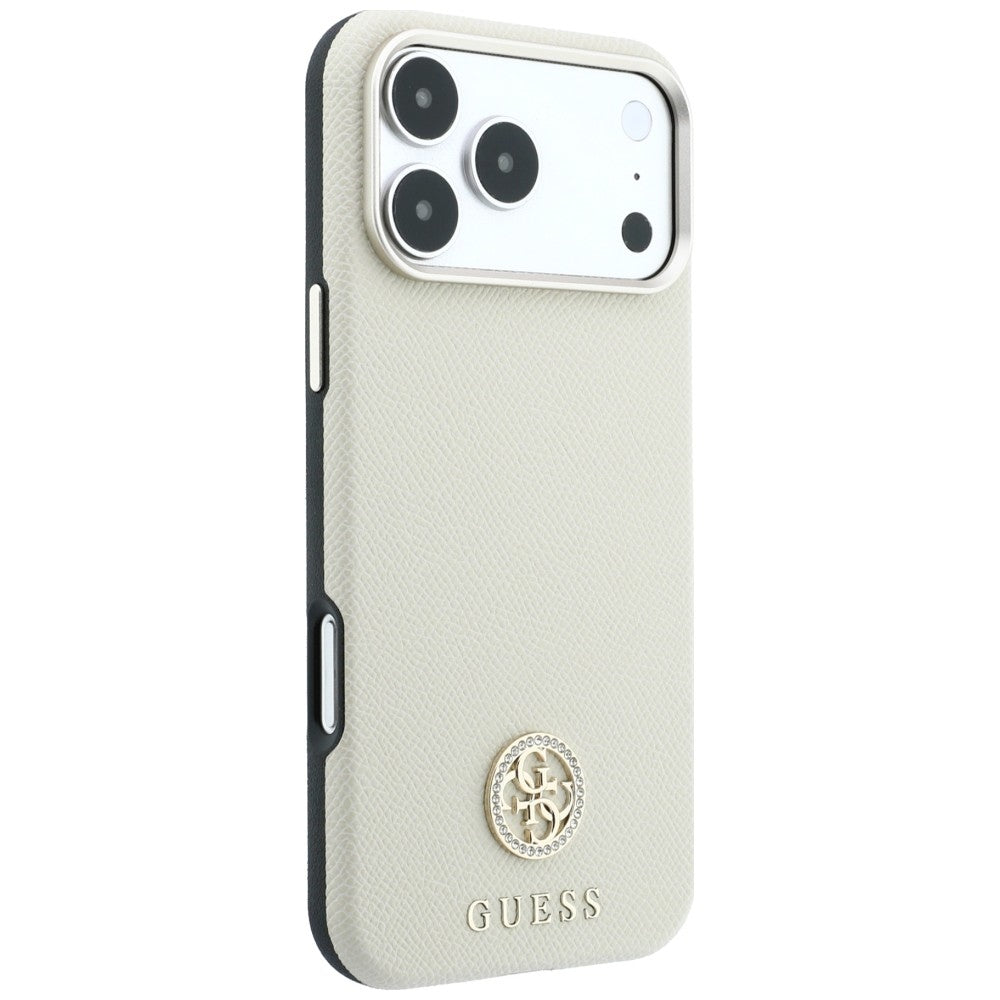 Coque MagSafe pour Apple iPhone 18 Pro / 17 Pro, Guess, Logo Strass Rond Grainé, Beige