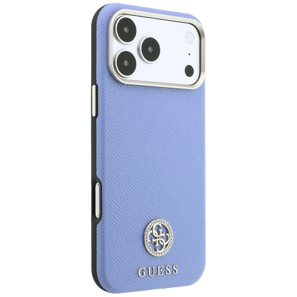 Coque MagSafe pour Apple iPhone 18 Pro / 17 Pro, Guess, Logo Strass Rond Grainé, Bleu