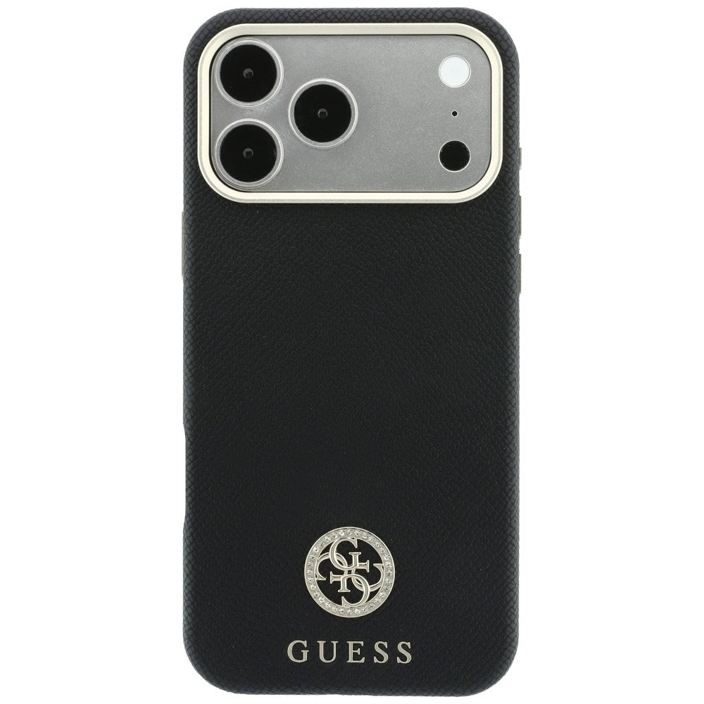 Coque MagSafe pour Apple iPhone 18 Pro / 17 Pro, Guess, Logo Strass Rond Grainé, Noire