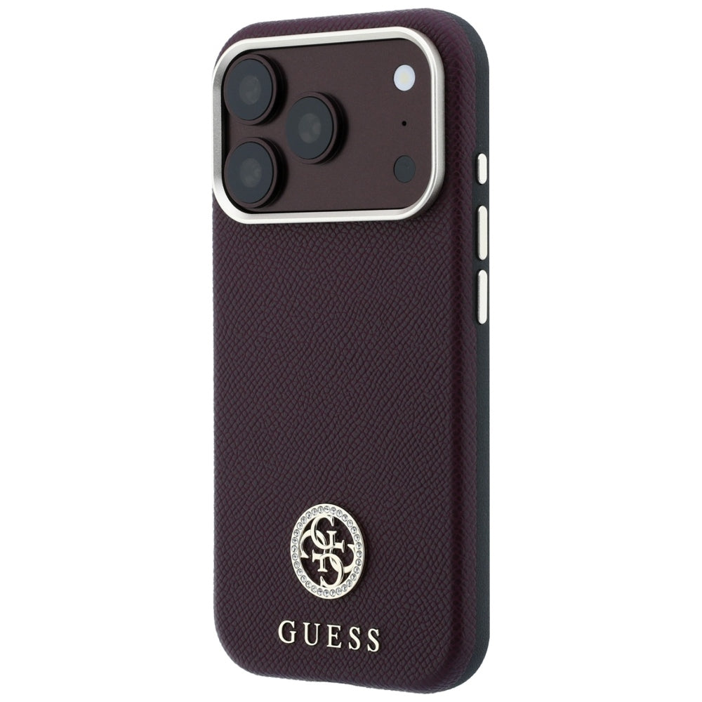 Coque MagSafe pour Apple iPhone 18 Pro / 17 Pro, Guess, Logo Strass Rond Grainé, Bordeaux