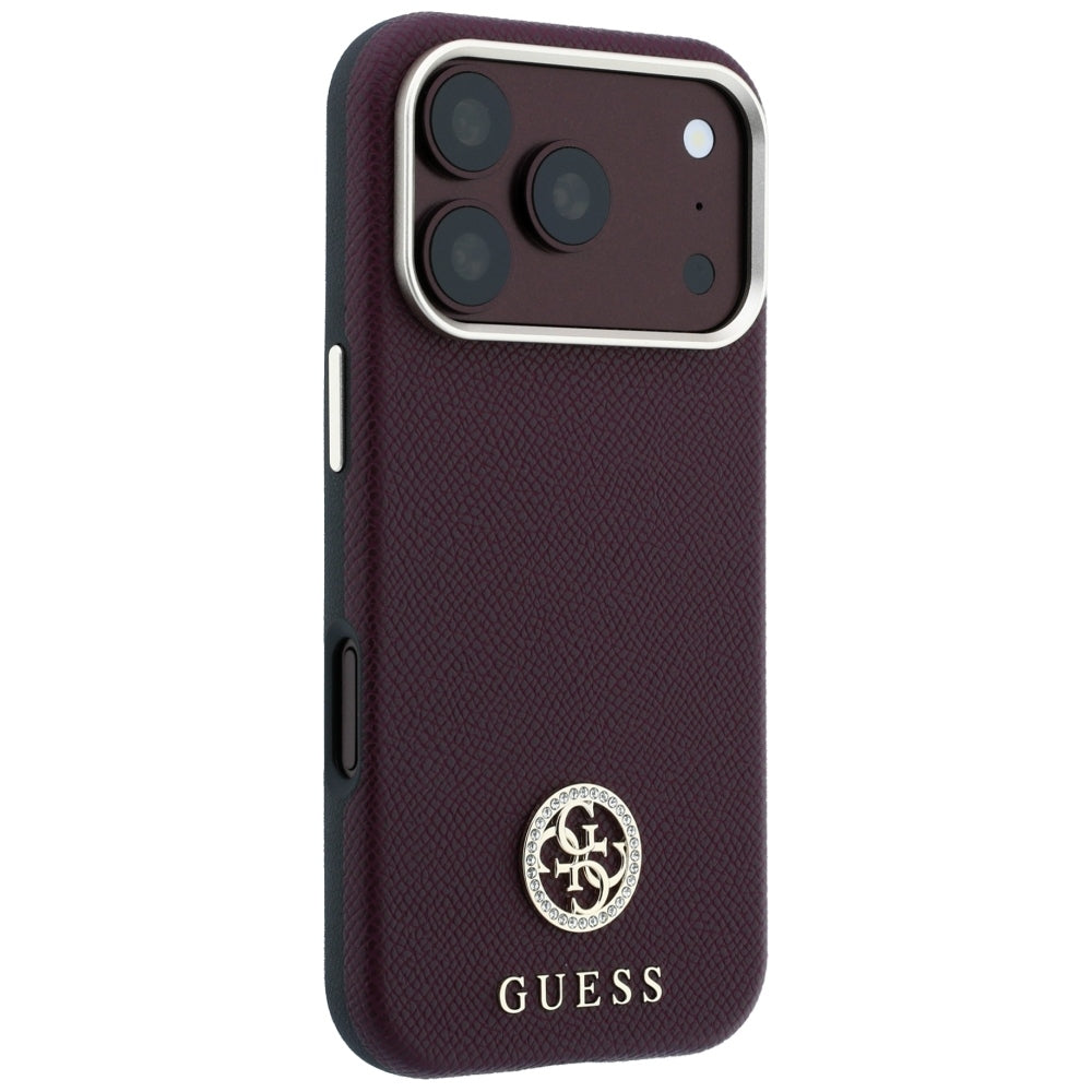 Coque MagSafe pour Apple iPhone 18 Pro / 17 Pro, Guess, Logo Strass Rond Grainé, Bordeaux