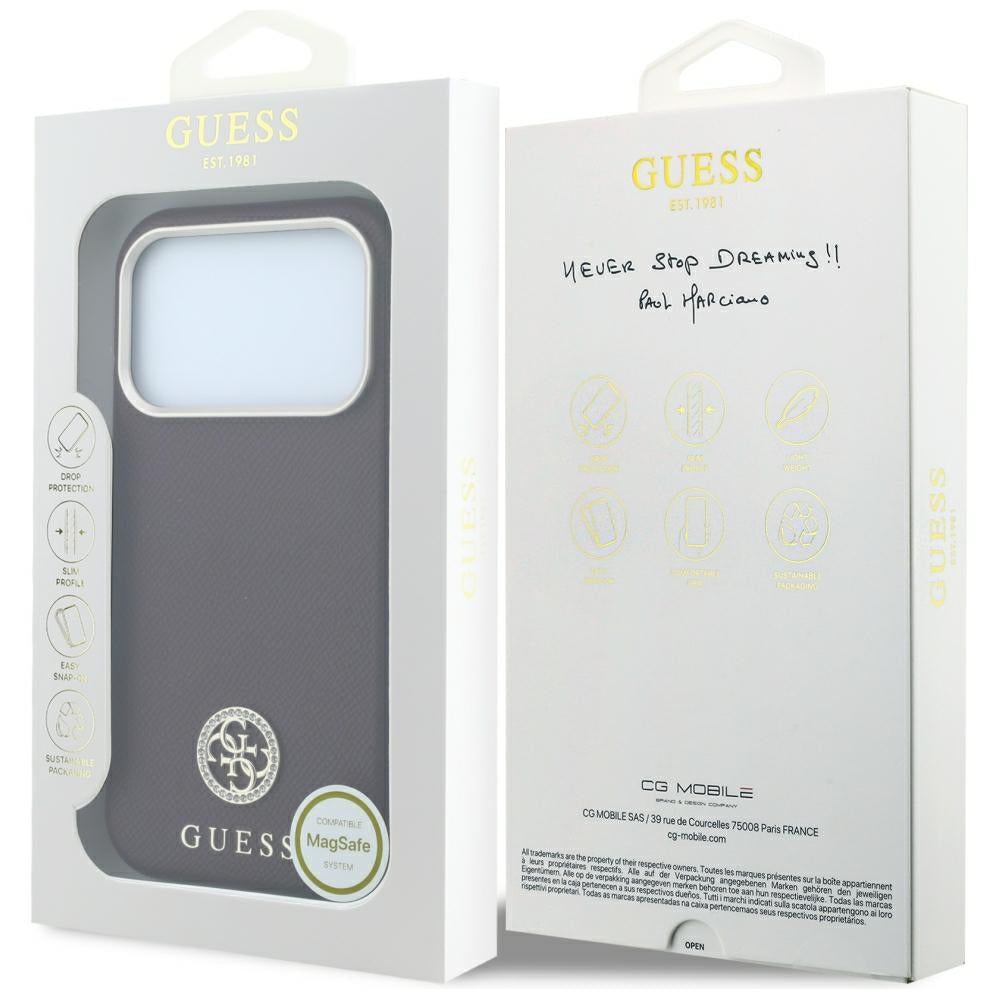 Coque MagSafe pour Apple iPhone 18 Pro / 17 Pro, Guess, Logo Strass Rond Grainé, Bordeaux