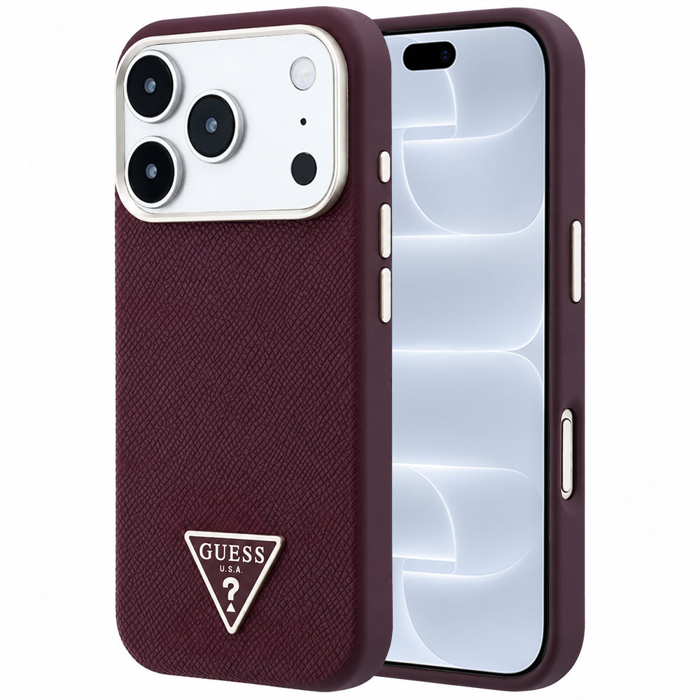 Coque MagSafe pour Apple iPhone 18 Pro / 17 Pro, Guess, Logo Triangle Grainé, Bordeaux