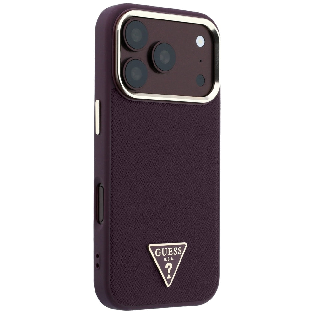Coque MagSafe pour Apple iPhone 18 Pro / 17 Pro, Guess, Logo Triangle Grainé, Bordeaux