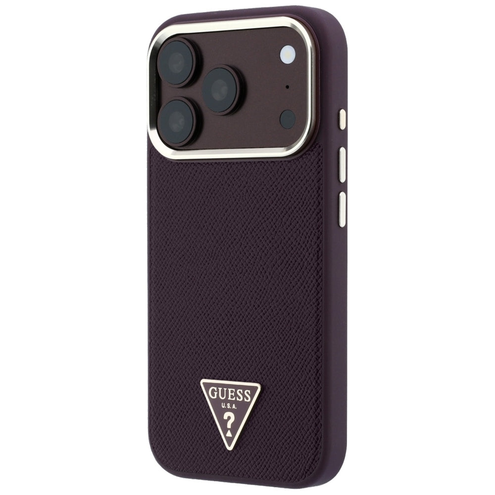 Coque MagSafe pour Apple iPhone 18 Pro / 17 Pro, Guess, Logo Triangle Grainé, Bordeaux