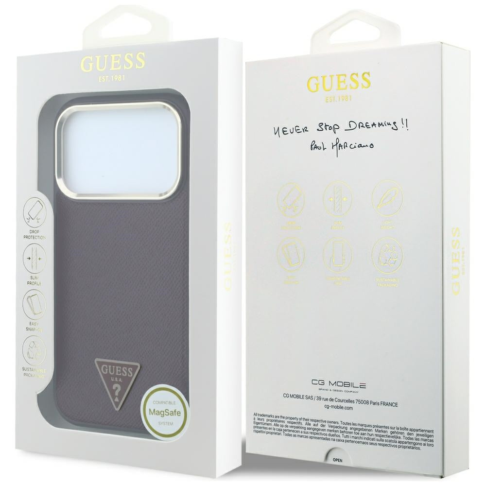 Coque MagSafe pour Apple iPhone 18 Pro / 17 Pro, Guess, Logo Triangle Grainé, Bordeaux
