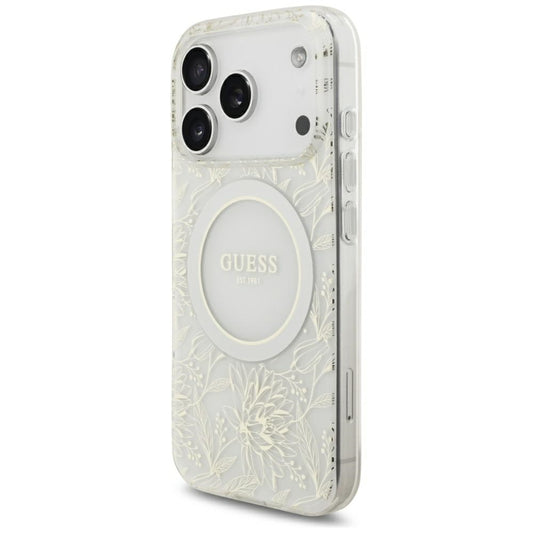 Coque MagSafe pour Apple iPhone 18 Pro / 17 Pro, Guess, Fleurs IML Électroplacées avec Bracelet Perle, Blanc