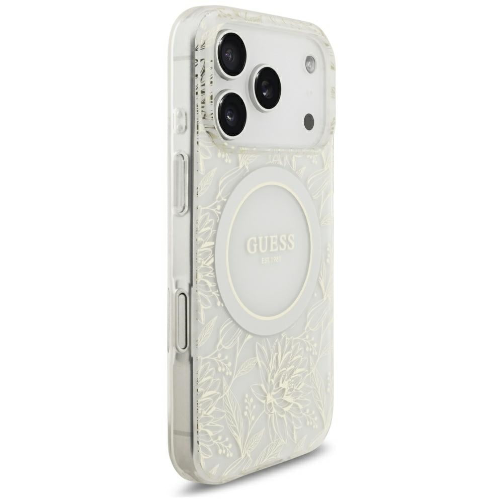 Coque MagSafe pour Apple iPhone 18 Pro / 17 Pro, Guess, Fleurs IML Électroplacées avec Bracelet Perle, Blanc