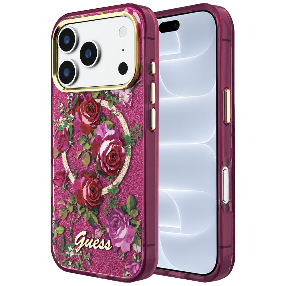 Coque MagSafe pour Apple iPhone 18 Pro / 17 Pro, Guess, IML Glitter Blossom Roses, Cerise