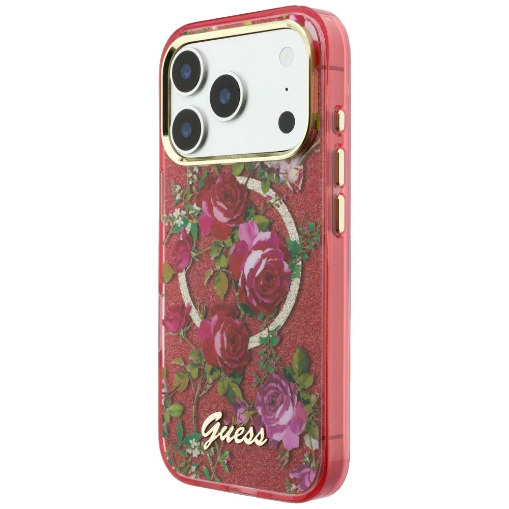 Coque MagSafe pour Apple iPhone 18 Pro / 17 Pro, Guess, IML Glitter Blossom Roses, Cerise