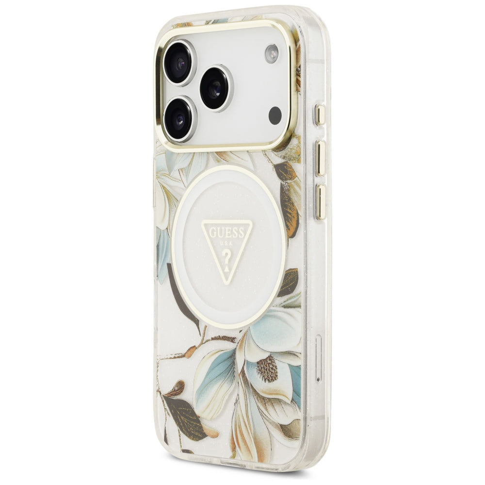 Coque MagSafe pour Apple iPhone 18 Pro / 17 Pro, Guess, IML Metal Glitter Flowers Triangle, Blanche