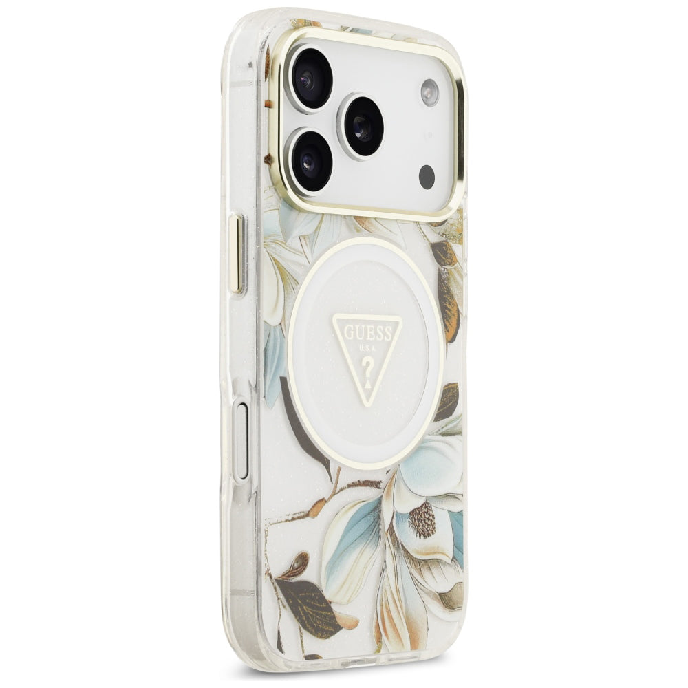 Coque MagSafe pour Apple iPhone 18 Pro / 17 Pro, Guess, IML Metal Glitter Flowers Triangle, Blanche
