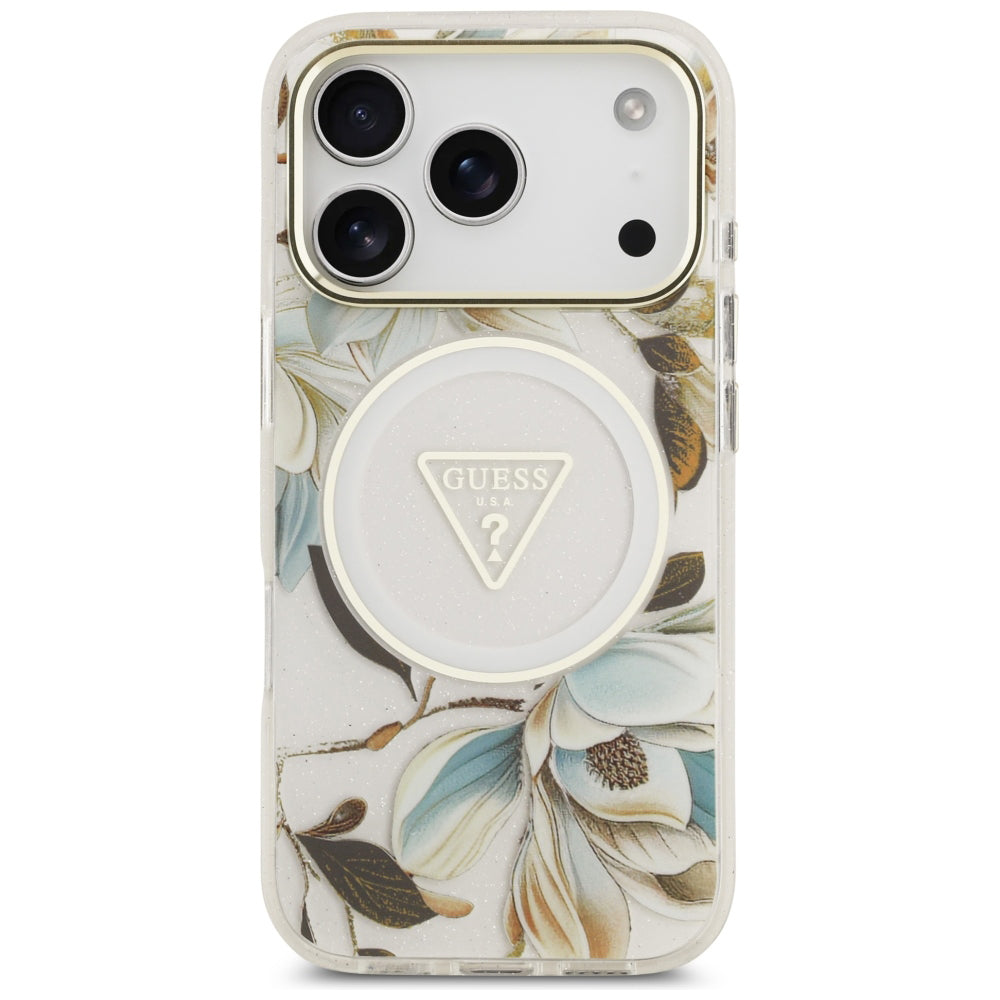 Coque MagSafe pour Apple iPhone 18 Pro / 17 Pro, Guess, IML Metal Glitter Flowers Triangle, Blanche