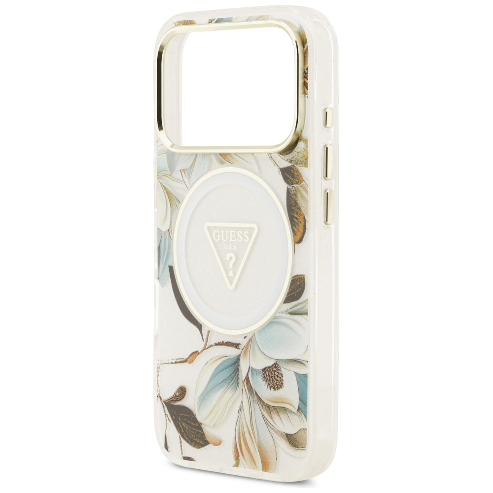 Coque MagSafe pour Apple iPhone 18 Pro / 17 Pro, Guess, IML Metal Glitter Flowers Triangle, Blanche