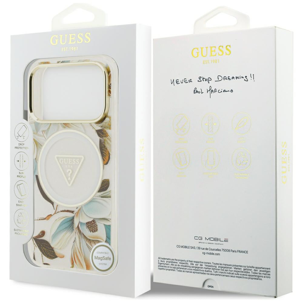 Coque MagSafe pour Apple iPhone 18 Pro / 17 Pro, Guess, IML Metal Glitter Flowers Triangle, Blanche