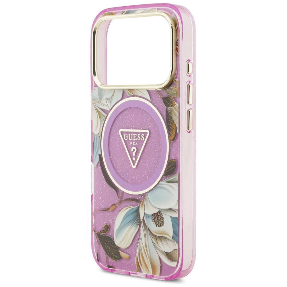 Coque MagSafe pour Apple iPhone 18 Pro / 17 Pro, Guess, IML Metal Glitter Flowers Triangle, Violet