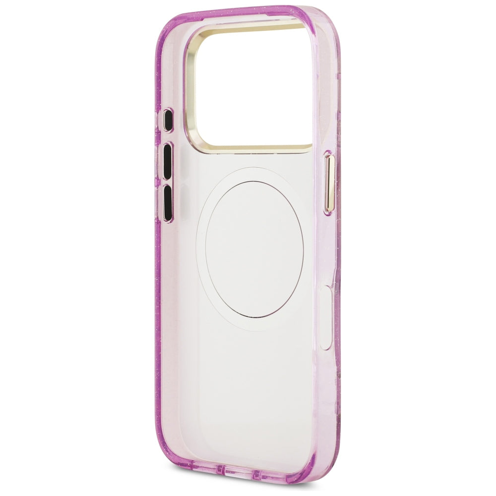 Coque MagSafe pour Apple iPhone 18 Pro / 17 Pro, Guess, IML Metal Glitter Flowers Triangle, Violet
