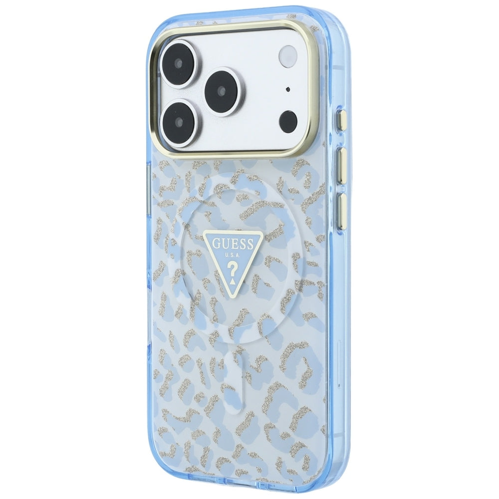 Coque MagSafe pour Apple iPhone 18 Pro / 17 Pro, Guess, Logo Triangle Paillettes Léopard, Bleu