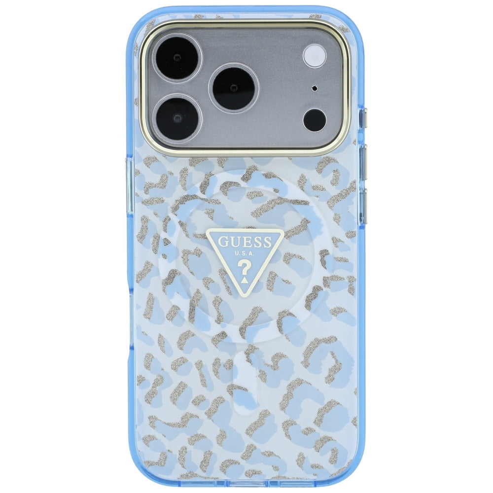 Coque MagSafe pour Apple iPhone 18 Pro / 17 Pro, Guess, Logo Triangle Paillettes Léopard, Bleu