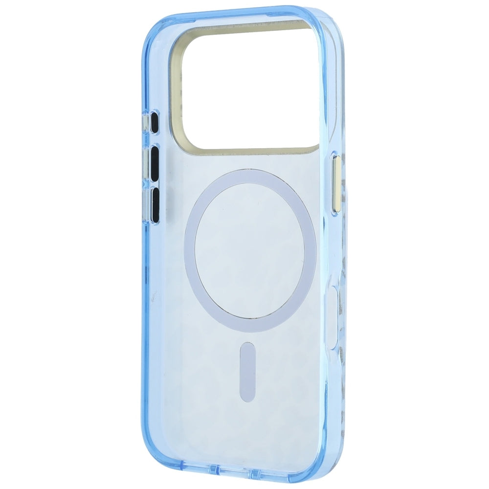 Coque MagSafe pour Apple iPhone 18 Pro / 17 Pro, Guess, Logo Triangle Paillettes Léopard, Bleu