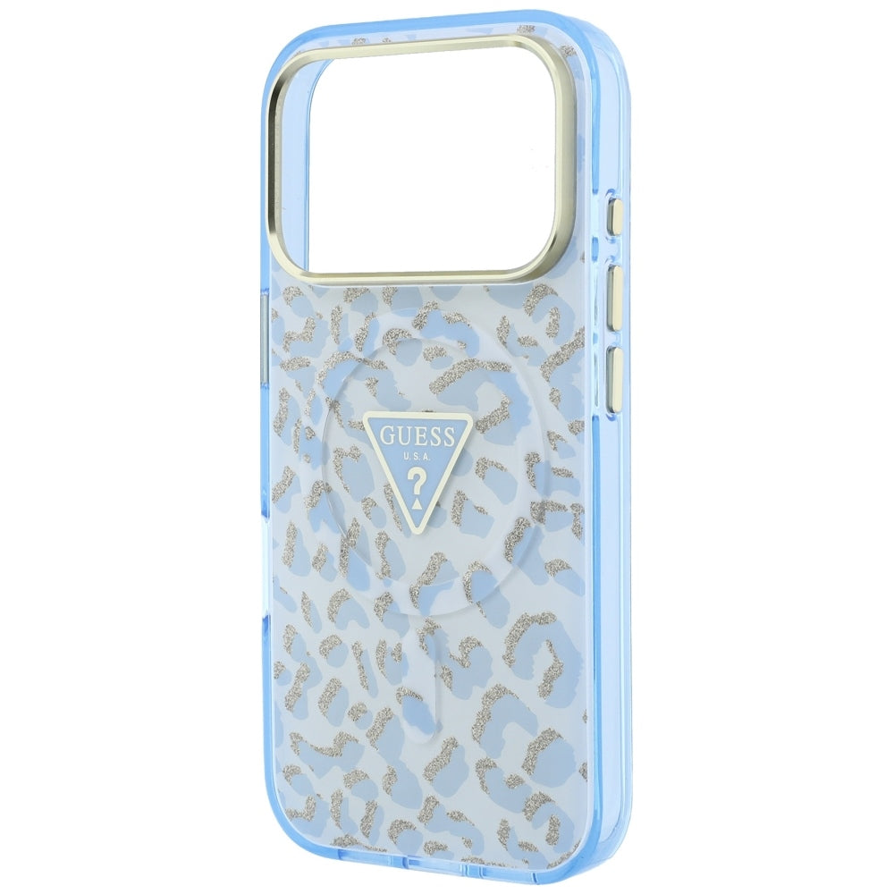 Coque MagSafe pour Apple iPhone 18 Pro / 17 Pro, Guess, Logo Triangle Paillettes Léopard, Bleu
