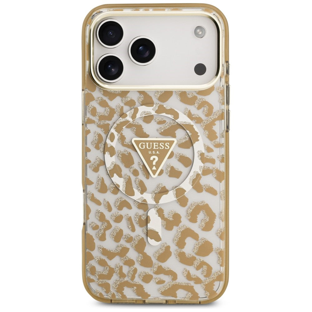 Coque MagSafe pour Apple iPhone 18 Pro / 17 Pro, Guess, Logo Triangle Paillettes Léopard, Marron