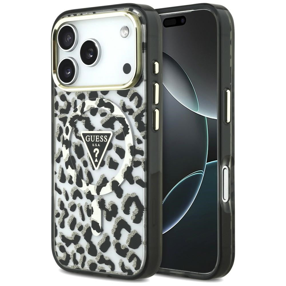 Coque MagSafe pour Apple iPhone 18 Pro / 17 Pro, Guess, Logo Triangle Paillettes Léopard, Noire