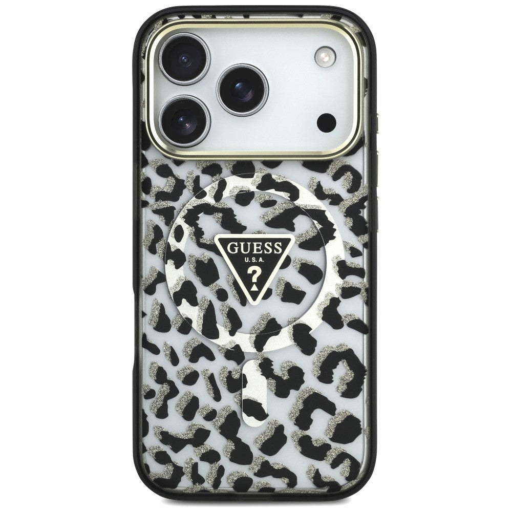 Coque MagSafe pour Apple iPhone 18 Pro / 17 Pro, Guess, Logo Triangle Paillettes Léopard, Noire
