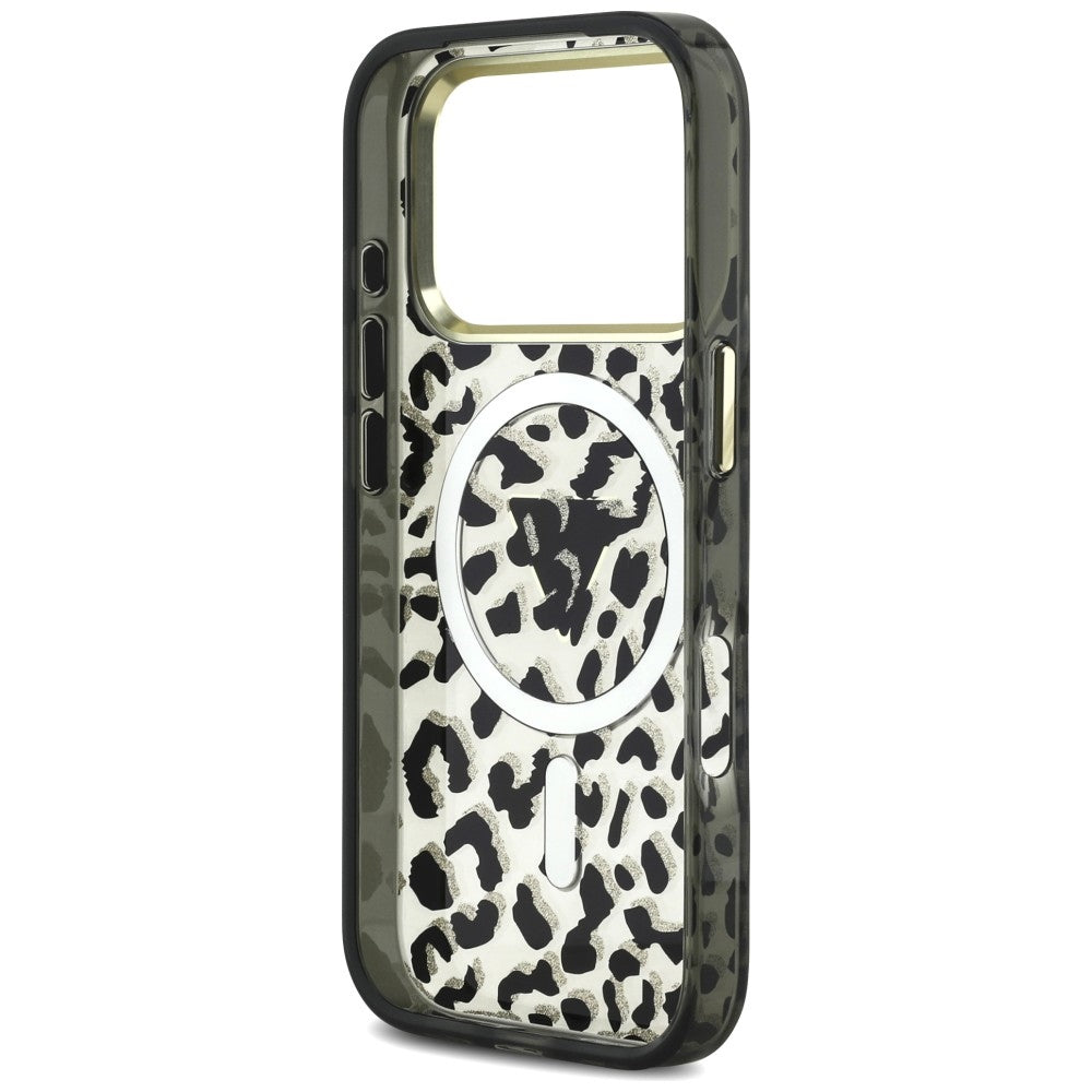 Coque MagSafe pour Apple iPhone 18 Pro / 17 Pro, Guess, Logo Triangle Paillettes Léopard, Noire
