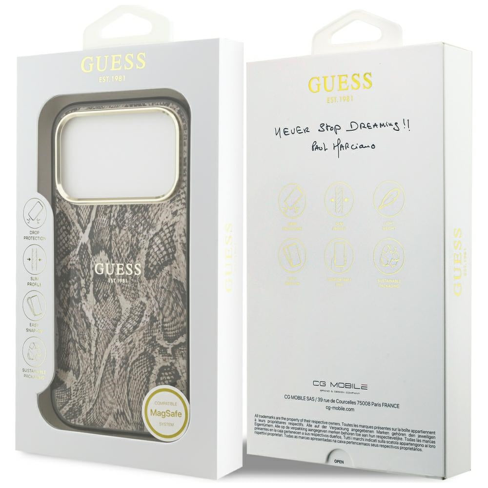 Coque MagSafe pour Apple iPhone 18 Pro / 17 Pro, Guess, Motif Python, Marron