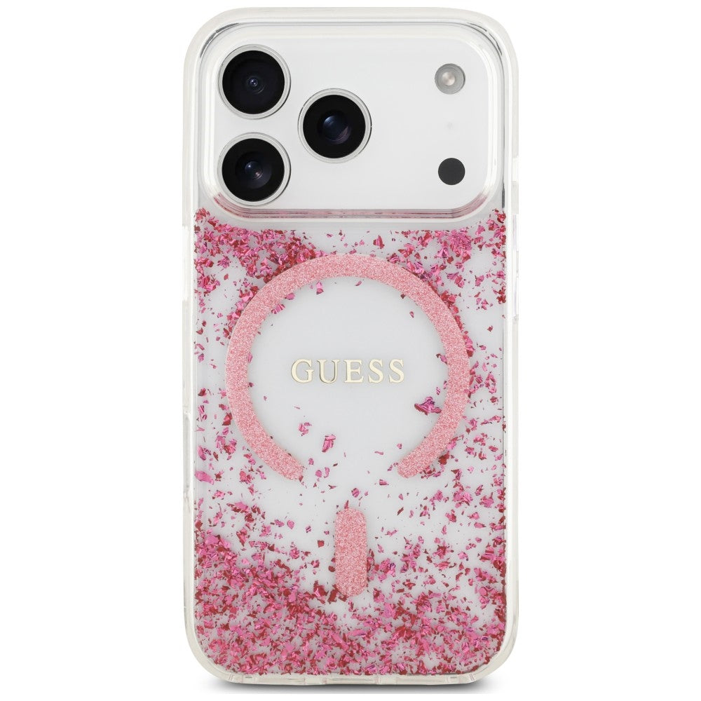 Coque MagSafe pour Apple iPhone 18 Pro / 17 Pro, Guess, Fond en Résine Pailleté, Rose