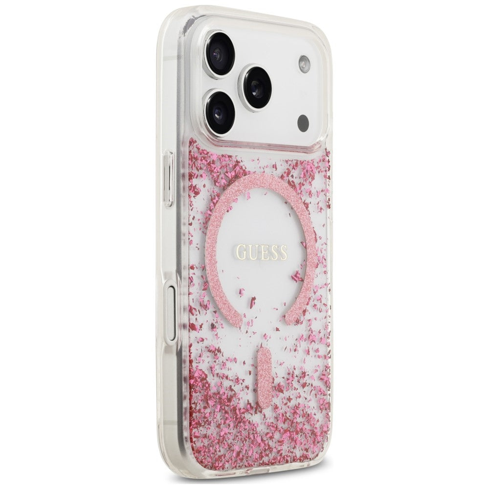 Coque MagSafe pour Apple iPhone 18 Pro / 17 Pro, Guess, Fond en Résine Pailleté, Rose