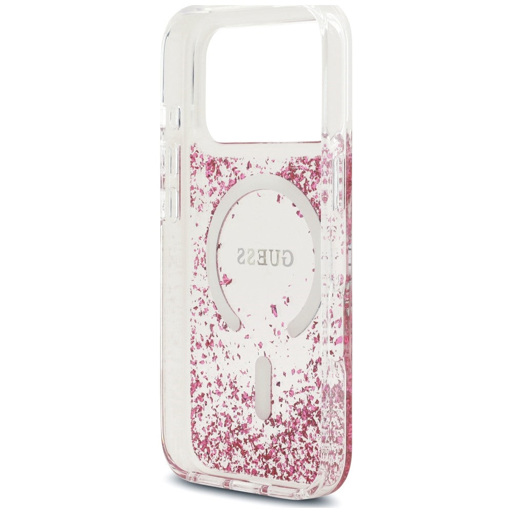 Coque MagSafe pour Apple iPhone 18 Pro / 17 Pro, Guess, Fond en Résine Pailleté, Rose