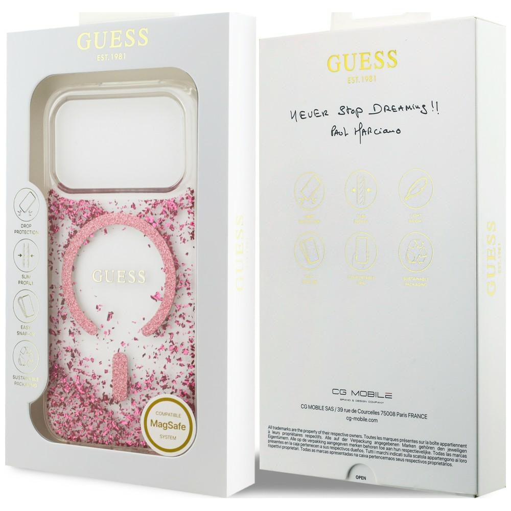 Coque MagSafe pour Apple iPhone 18 Pro / 17 Pro, Guess, Fond en Résine Pailleté, Rose