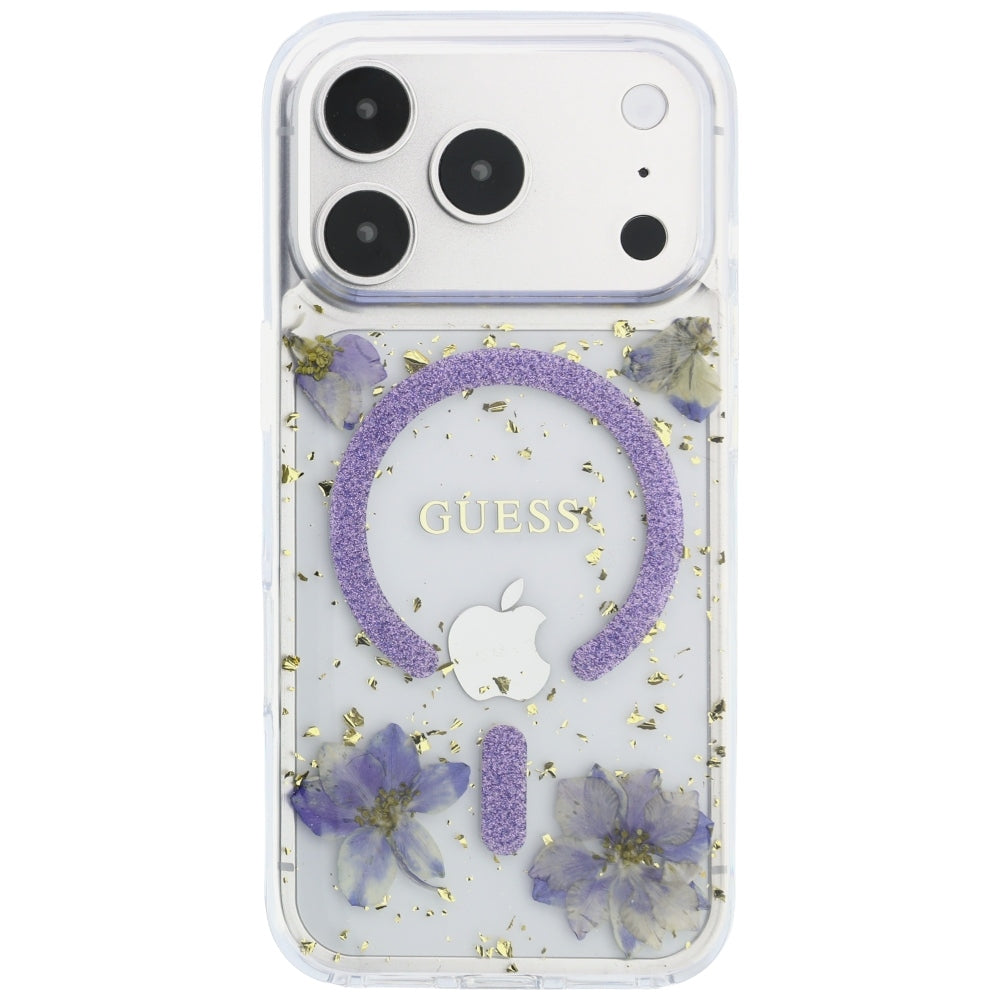 Coque MagSafe pour Apple iPhone 18 Pro / 17 Pro, Guess, Fleurs en Résine et Paillettes, Violet