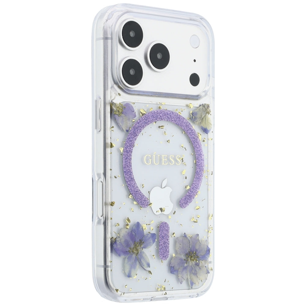 Coque MagSafe pour Apple iPhone 18 Pro / 17 Pro, Guess, Fleurs en Résine et Paillettes, Violet