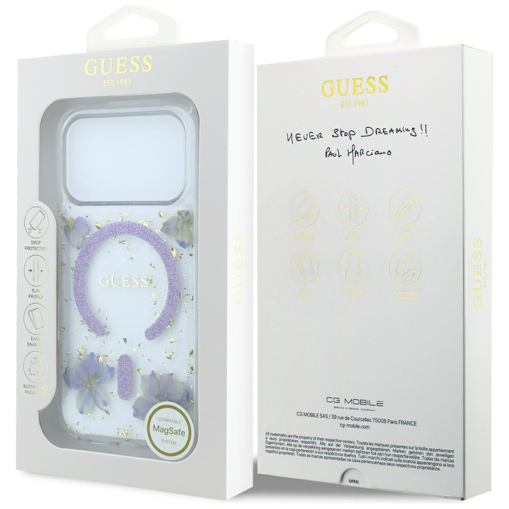 Coque MagSafe pour Apple iPhone 18 Pro / 17 Pro, Guess, Fleurs en Résine et Paillettes, Violet