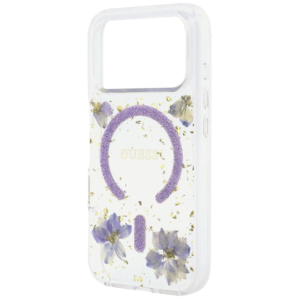 Coque MagSafe pour Apple iPhone 18 Pro / 17 Pro, Guess, Fleurs en Résine et Paillettes, Violet