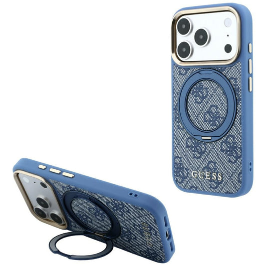 Coque MagSafe pour Apple iPhone 18 Pro / 17 Pro, Guess, Support Anneau 360 4G Logo Classique, Bleue
